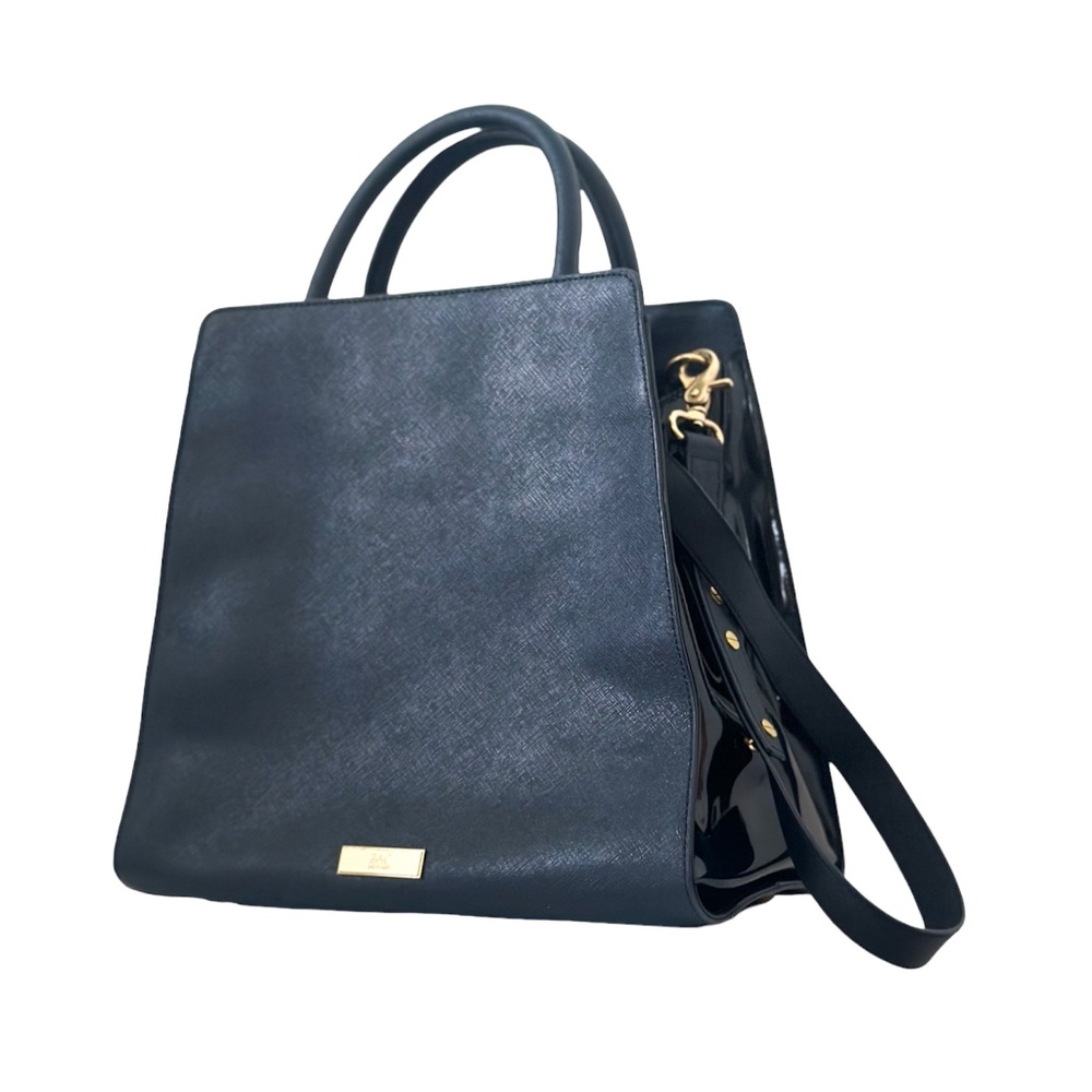 Zac Posen Eartha Satchel Navy Blue Patent Saffiano Leather Gold Purse Bag - Picture 2 of 14
